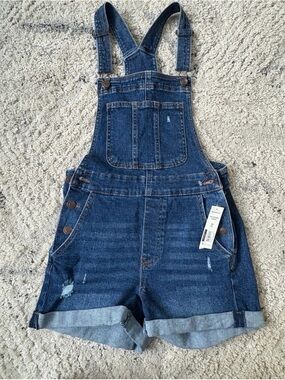 No Boundaries Girls XS Dark Blue Denim Short Overalls NWT